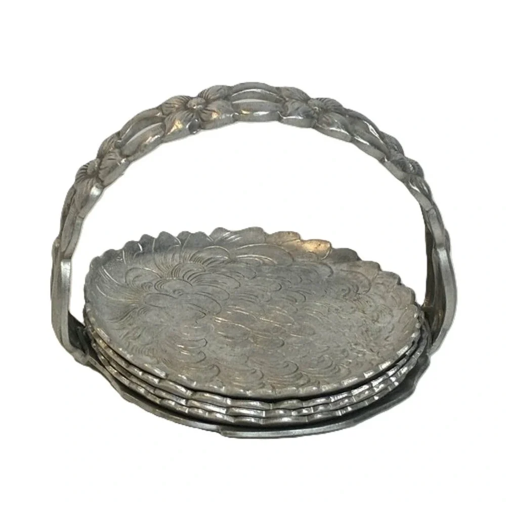 Vintage Floral Metal‎ Coaster Set Holder Tray Embossed Aluminum Shabby Chic